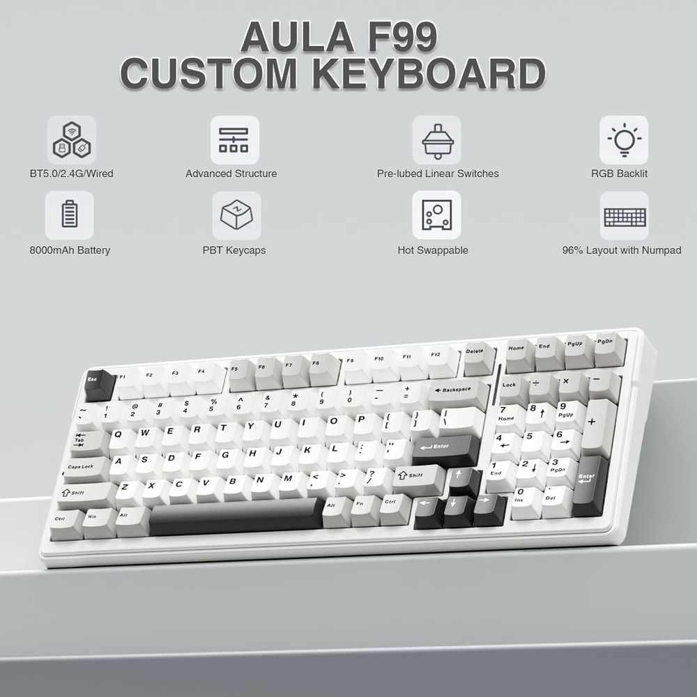 AULA F99 Wireless Mechanical Keyboard Tri-Mode BT 2.4G Hot-Swap RGB Black - Picture 9 of 9